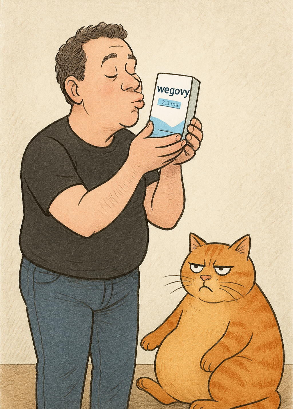 위고비 한 통을 두손으로 들고 기뻐하며 뽀뽀하려는 살이 빠진 중년 남성. 바닥엔 고양이가 바닥에 주저 않아서 통통한 뱃살을 앞발로 만지며 시무룩한 표정.
