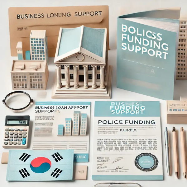백색 배경 위에 사업자 융자 승인서, 자금 가이드북, 정부 봉투, 건물 미니어처가 정돈된 정책자금 지원용 구성
