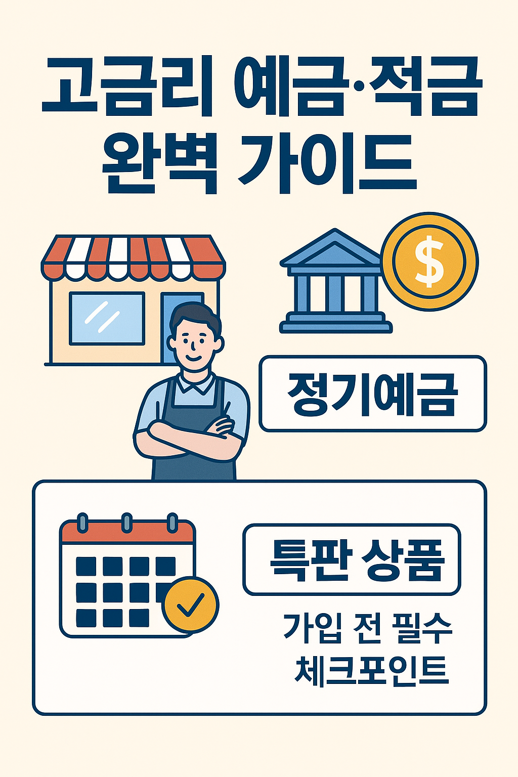 고금리 예금과 적금을 안내하는 한국어 금융 정보 표지 이미지. 은행 건물, 동전, 금리 아이콘이 깔끔한 파스텔톤 일러스트로 배치된 금융 가이드 스타일의 디자인