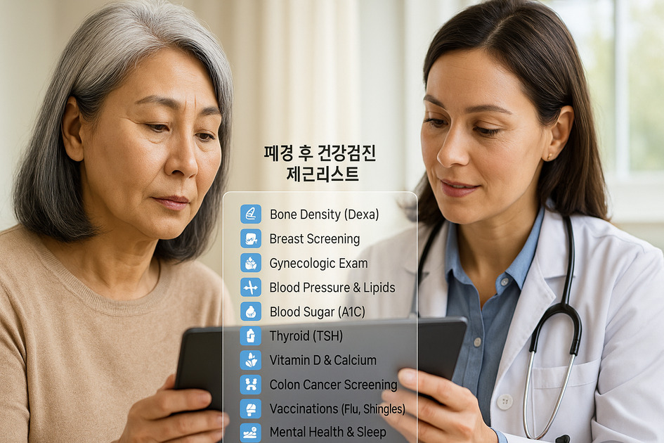 폐경 후 건강검진 체크리스트를 보는 중년의 여성과 의사 이미지