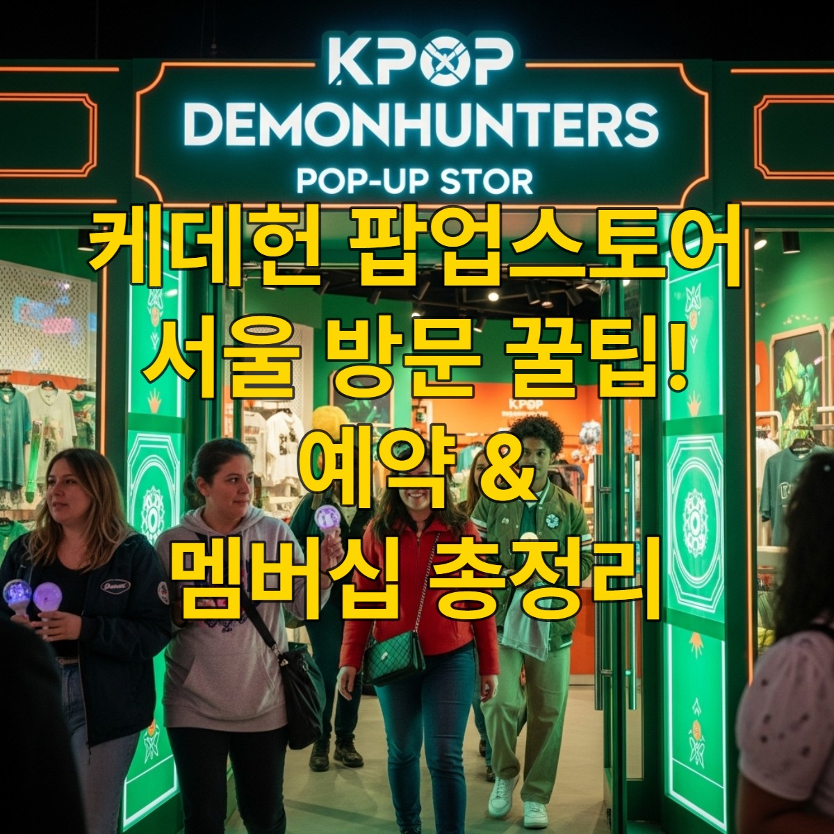 케이팝데몬헌터스 서울 팝업스토어 입구. 초록색과 주황색이 조화된 현대적이고 활기찬 분위기 속에서 팬들이 설렘 가득한 표정으로 입장하고 있다. 상단에는 'KPOP DEMONHUNTERS POP-UP STORE' 간판이 빛나고 있다.