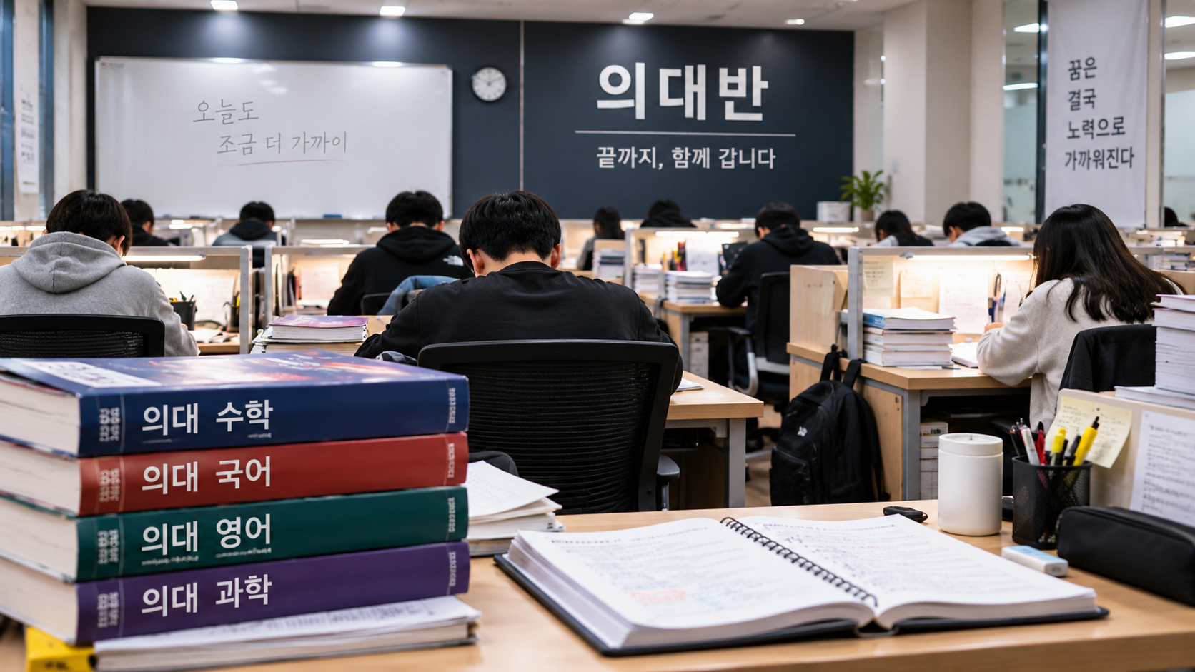 의대 진학을 목표로 재수학원 의대반에서 수능 공부를 하는 학생들의 모습