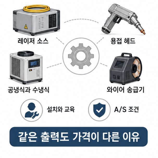 레이저 소스와 용접 헤드, 공냉식과 수냉식 냉각장치, 와이어 송급기와 설치 서비스가 같은 출력의 레이저 용접기 가격 차이를 만드는 요소임을 보여 주는 그림