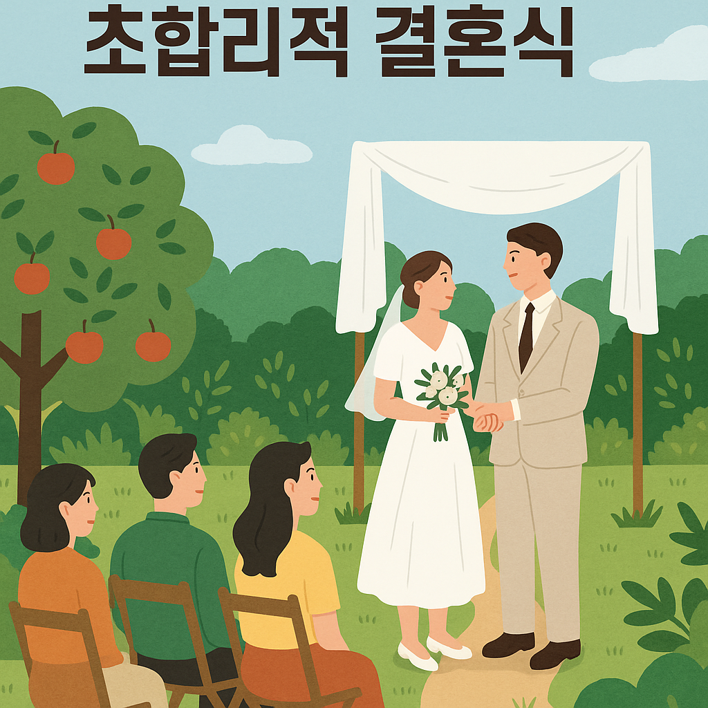 초록빛 정원 한가운데 신랑과 신부가 소규모 결혼식을 올리는 장면. 뒤로는 사과나무와 흰 천막이 보이고, 자연 속 따뜻한 분위기의 초합리적 결혼식 인포그래픽.