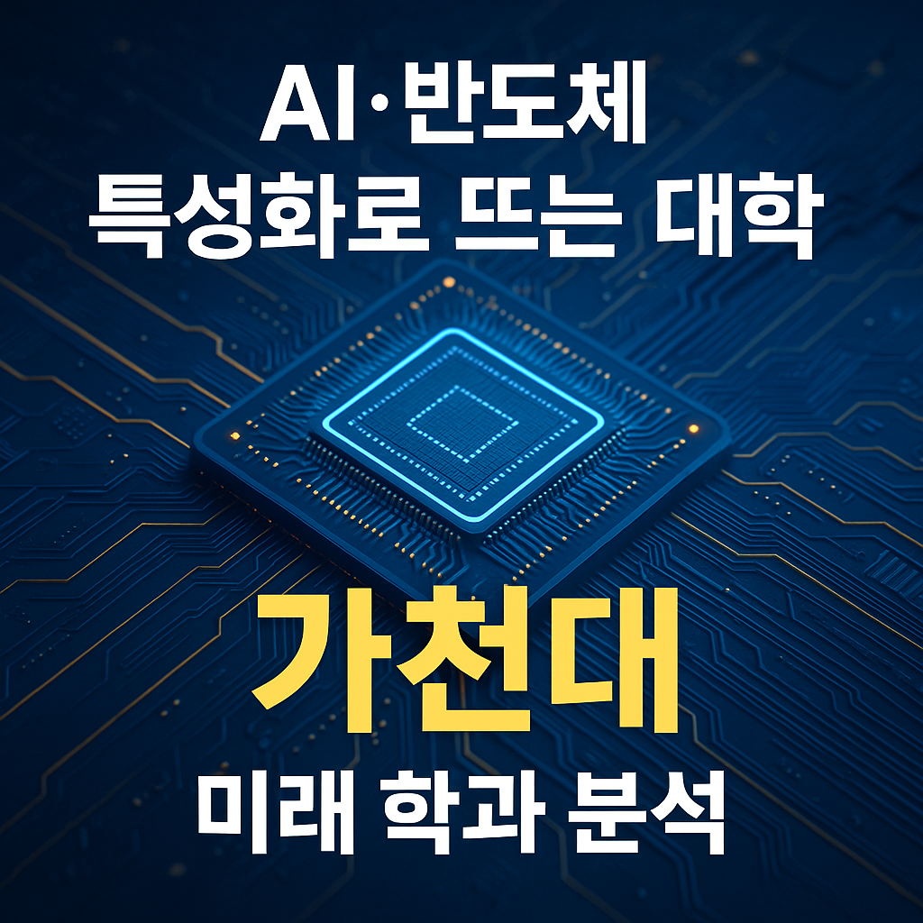 AI와 반도체 특성화로 주목받는 가천대학교 미래 학과 분석을 표현한 썸네일 이미지, 푸른 회로 기판 위에 빛나는 반도체 칩과 굵은 글씨의 가천대 문구가 강조된 디자인