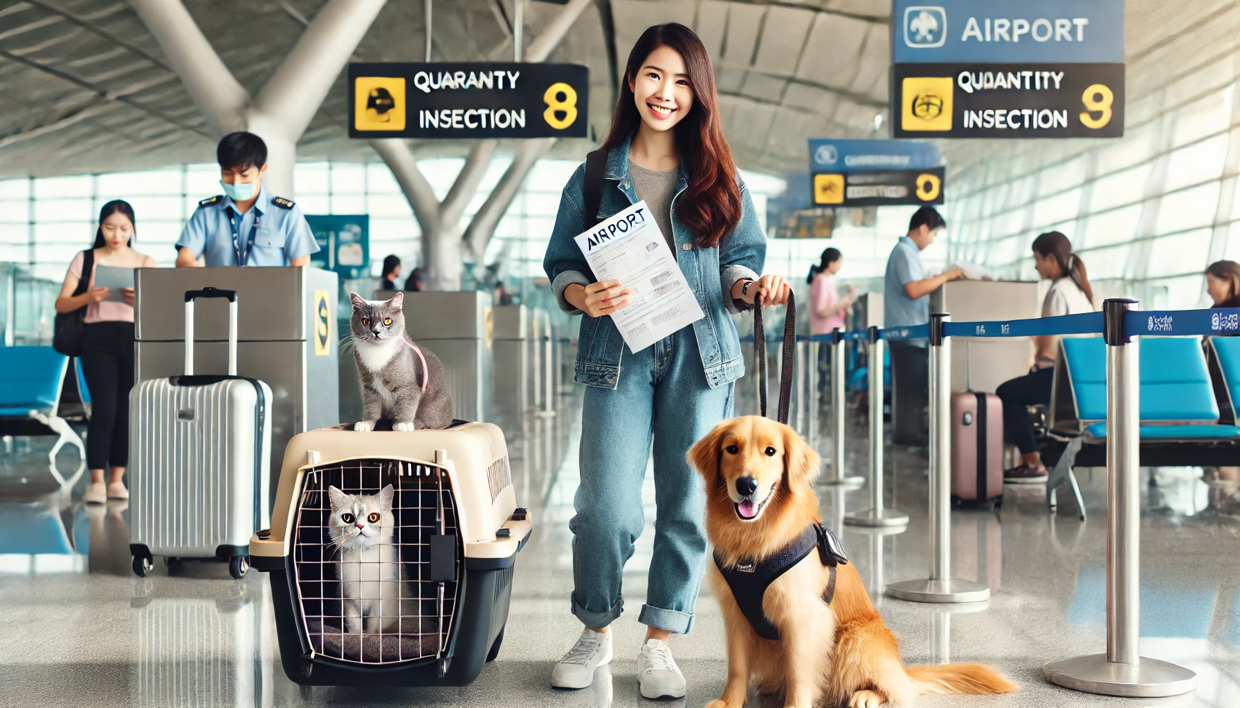 공항에서 반려동물과 함께 해외여행을 준비하는 여성의 모습. 고양이는 이동장에, 강아지는 하네스를 착용하고 있으며, 여성은 여행 서류를 들고 검역 구역 근처에서 미소 짓고 있음. 공항은 밝고 깔끔하며, 여행 준비가 차분하게 진행되고 있는 장면.
