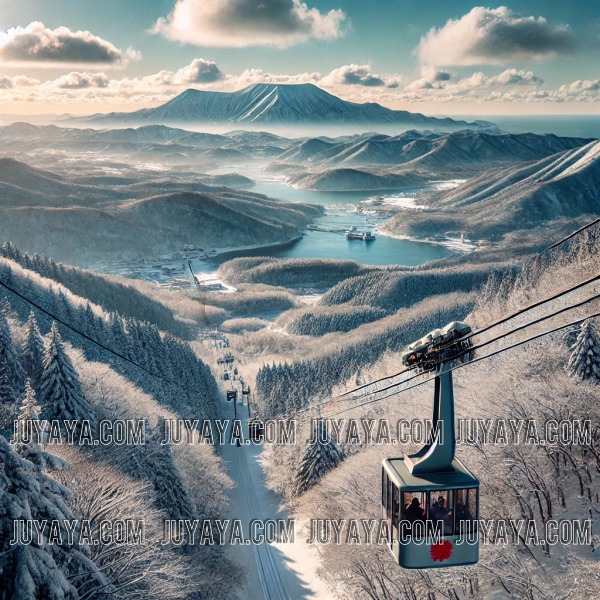 일본 나가사키 운젠 로프웨이의 겨울 풍경. 케이블카가 눈 덮인 산림과 산맥 사이를 오르며, 맑은 하늘 아래 펼쳐진 파노라마 전경을 보여준다.