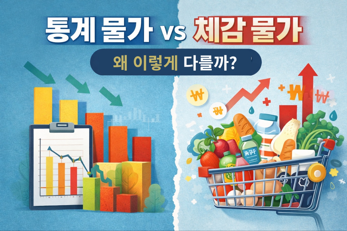 통계 물가는 내려가지만 장바구니 물가는 오르는 모습을 대비한 인포그래픽, 통계 물가와 체감 물가 차이 설명 이미지