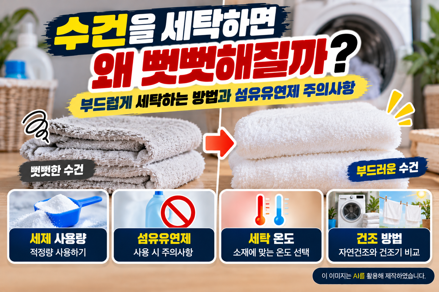 수건을 세탁한 후 뻣뻣해지는 이유를 설명하기 위해 뻣뻣한 수건과 부드러운 수건을 비교하고, 적절한 세제 사용량, 섬유유연제 주의사항, 세탁 온도 및 자연건조와 건조기 사용 방법을 안내하는 이미지