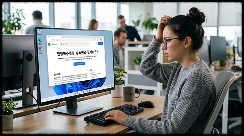 웹사이트 글자가 깨져 보이는 화면을 보고 당황하는 사용자의 모습