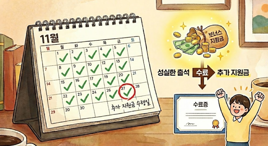 달력에 중요한 날짜가 체크되어 있고, '추가 지원금'을 나타내는 그래픽이 있는, 성실한 출석과 수료를 통한 보상을 상징하는 이미지