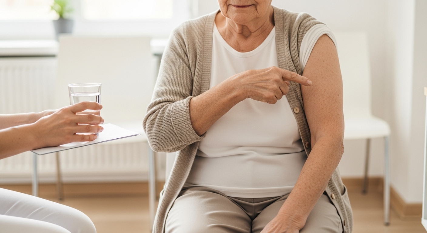 팔을 걷어 접종을 준비하는 어르신과 옆에서 물을 건네는 보호자의 손. 병원에서 편안하게 독감 접종을 준비하는 모습.
