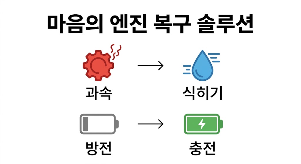 '마음의 엔진 복구 솔루션'이라는 제목 아래 두 가지 단계별 회복 과정을 단순한 아이콘으로 표현한 이미지입니다. 상단에는 과속하여 열이 난 붉은 톱니바퀴가 물방울을 만나 식혀지는 모습이, 하단에는 방전된 회색 배터리가 녹색의 완충 상태로 변화하며 충전되는 모습이 직관적인 화살표와 함께 담겨 있습니다.