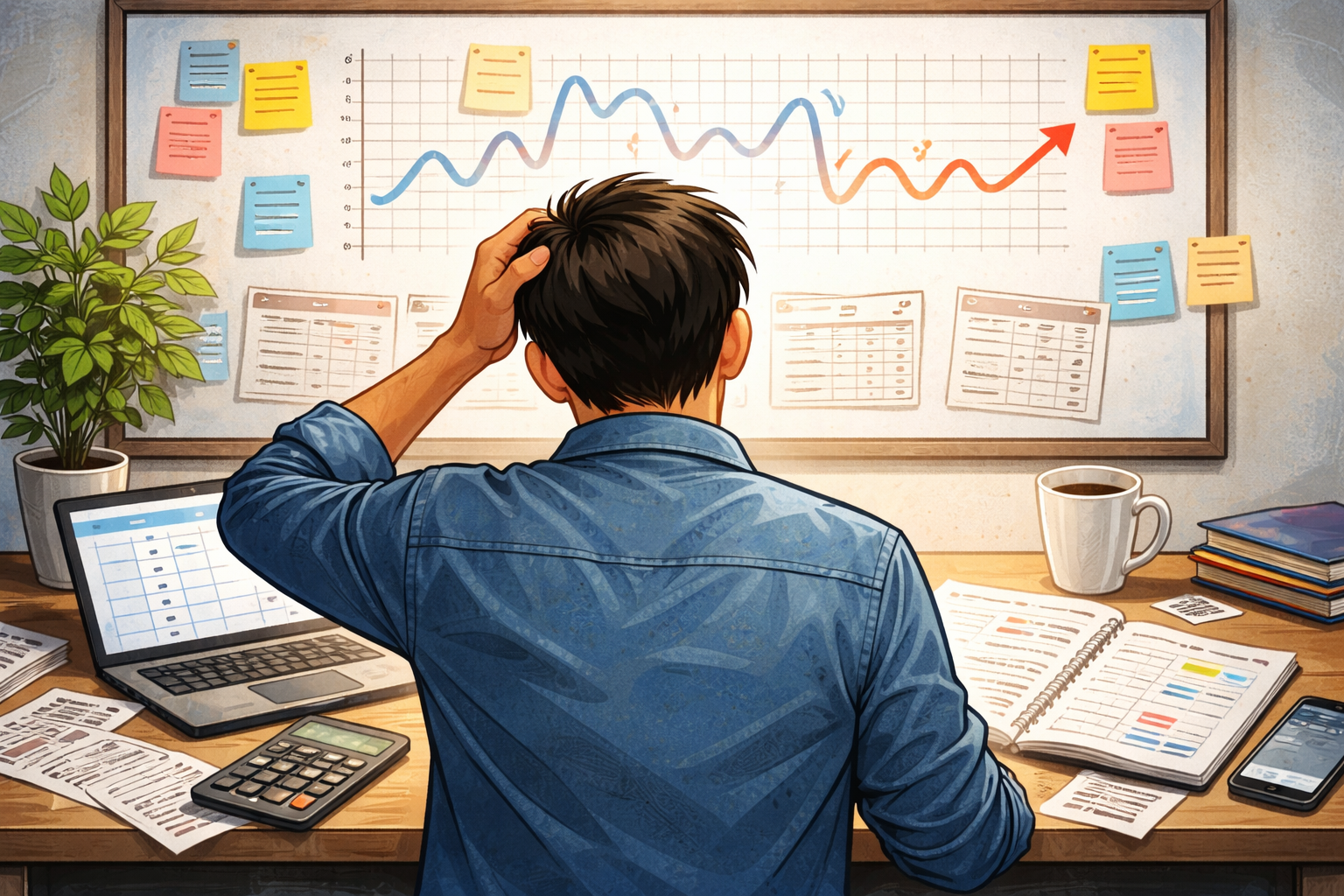 월급이 새는 이유를 점검하는 남자 뒷모습