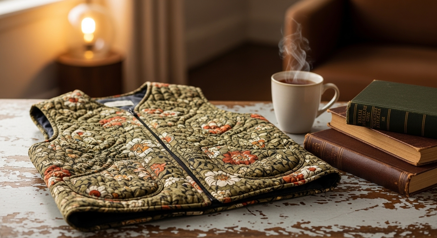 따뜻한 분위기에서 촬영된 섬세한 꽃무늬 누빔조끼의 디테일 클로즈업 이미지.