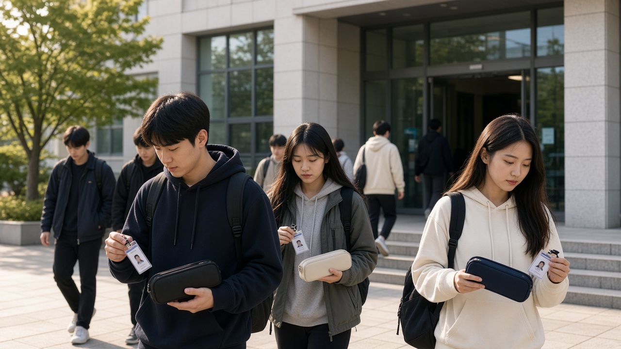 아침에 신분증과 필기구를 들고 자격증 시험장으로 들어가는 한국인 청년들