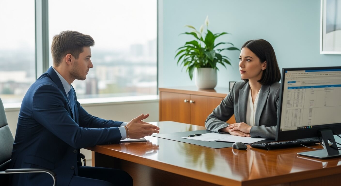사무실에서 대출 상담을 진행 중인 남성과 여성