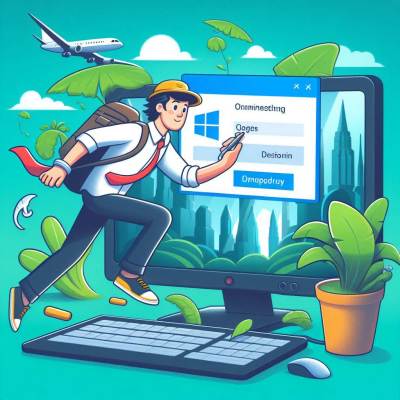 여행 가방을 든 직장인이 자연 배경 속 로그인 화면을 여는 장면