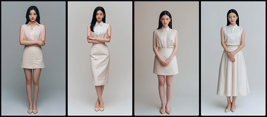 인물 모델, 작고 슬림한 체형에 우아하고 섬세한 자세를 강조한 20대 동아시아 여성 모델의 전신 패션 포트레이트 이미지_Midjourney