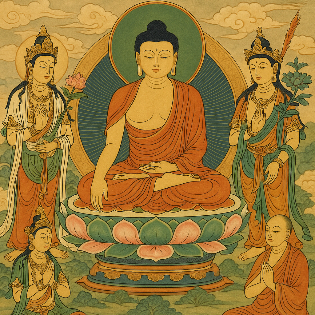 석가모니부과 보살의 모습.
자세한 설명은 하단에.