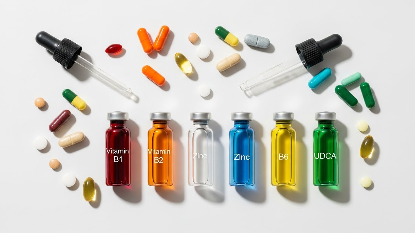 비타민 B1,-B2,-B6,-아연,-UDCA를-대표하는-컬러-유리-실험실-바이알과-함께-흰색-표면에-비타민-캡슐,-미네랄-정제,-의료용-드롭퍼를-사실적으로-평평하게-배열한-제품입니다.