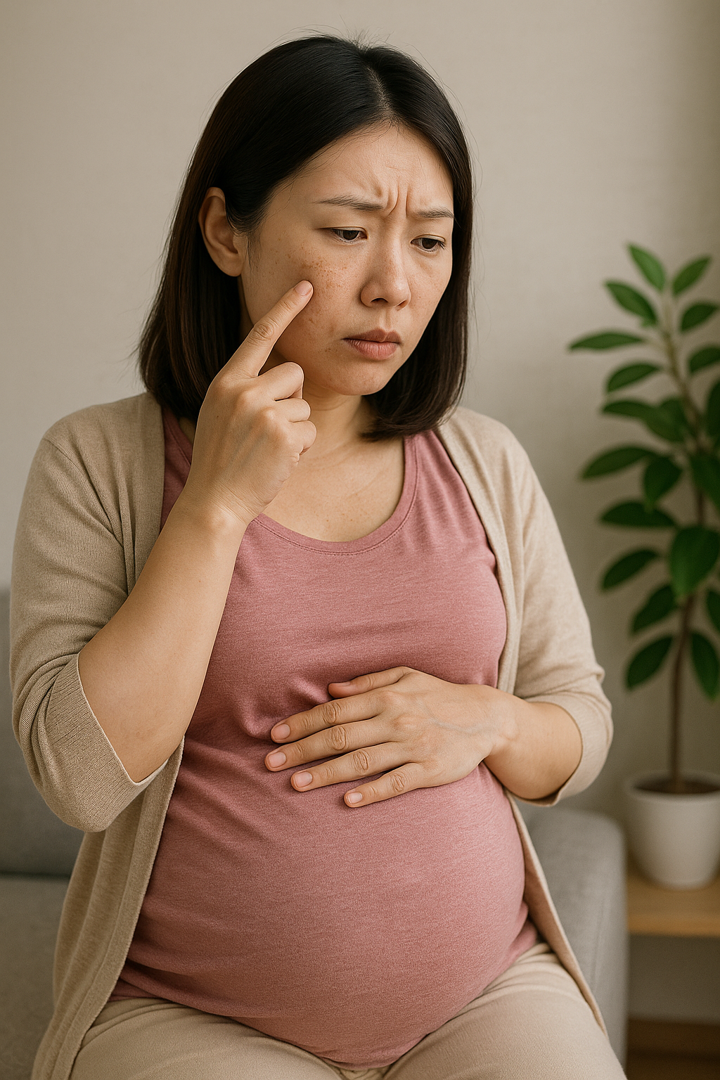 임신한 동양인 여성이 핑크색 임부복을 입고 한 손은 배 위에 얹고, 다른 손가락으로 얼굴의 편평사마귀를 가리키며 걱정스러운 표정으로 바라보고 있는 모습. 배경에는 회색 소파와 초록 식물이 은은하게 배치되어 있음.