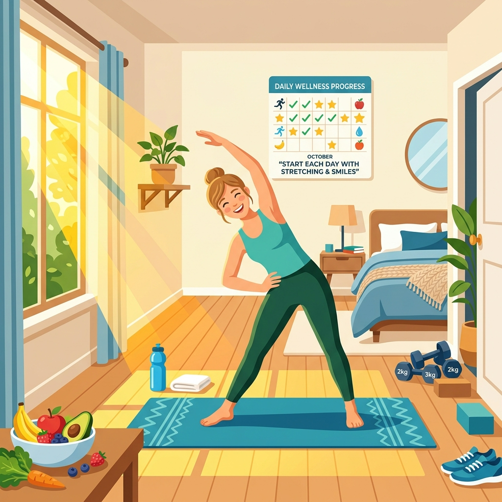 건강한 운동 습관을 시작하는 사람의 아침 스트레칭 장면