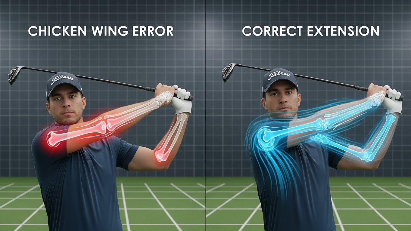 골프 치킨윙 원인인 전완근 회전 부족과 올바른 릴리즈 수피네이션 동작 비교 분석