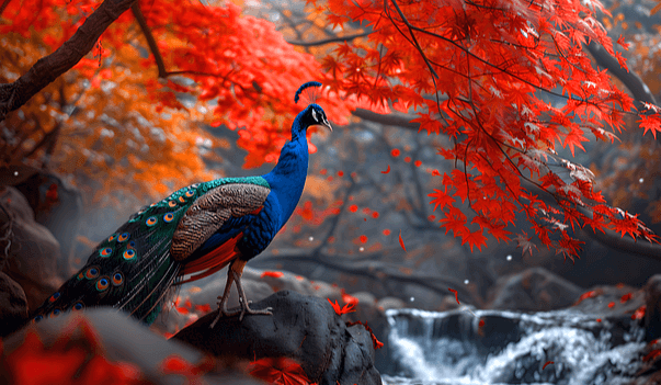 붉은 단풍이 가득한 시냇가에 파란색 공작새가 바위에 서 있다.