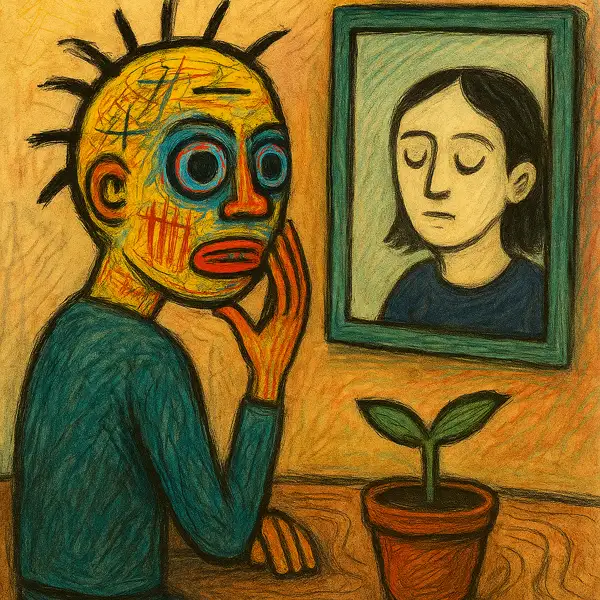 거울을 보며 자기 성찰을 하는 사람과 그 속에서 드러나는 내면을 상징적으로 표현한 이미지. 각 요소가 서로 다른 스타일로 구성됨.