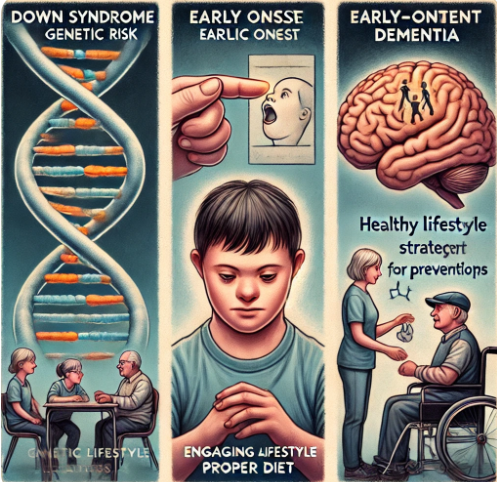 다운증후군과 치매의 관계
유전적 요인 (왼쪽)-21번 염색체 이상(트리소미 21)을 표현.
조기 발병 (가운데)-다운증후군을 가진 사람들은 30~40대부터 인지 저하가 나타나는 모습.
예방법 (오른쪽)-균형 잡힌 식사, 두뇌 자극 활동, 정기 건강검진 등은 발병을 늦추거나 증상 악화를 완화할 수 있는 모습.