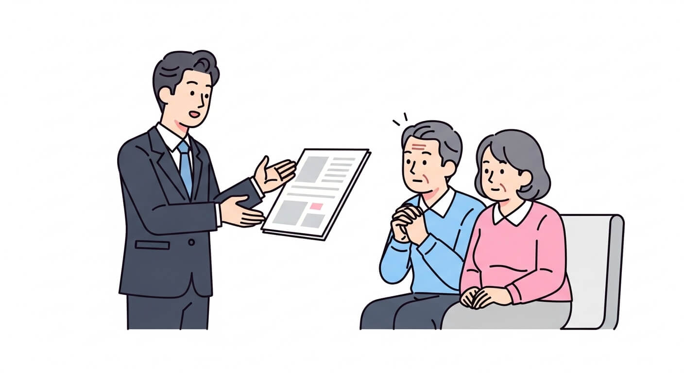 기초연금 관련 자주 묻는 질문에 대해 공무원이 문서를 보며 설명하는 장면. 2