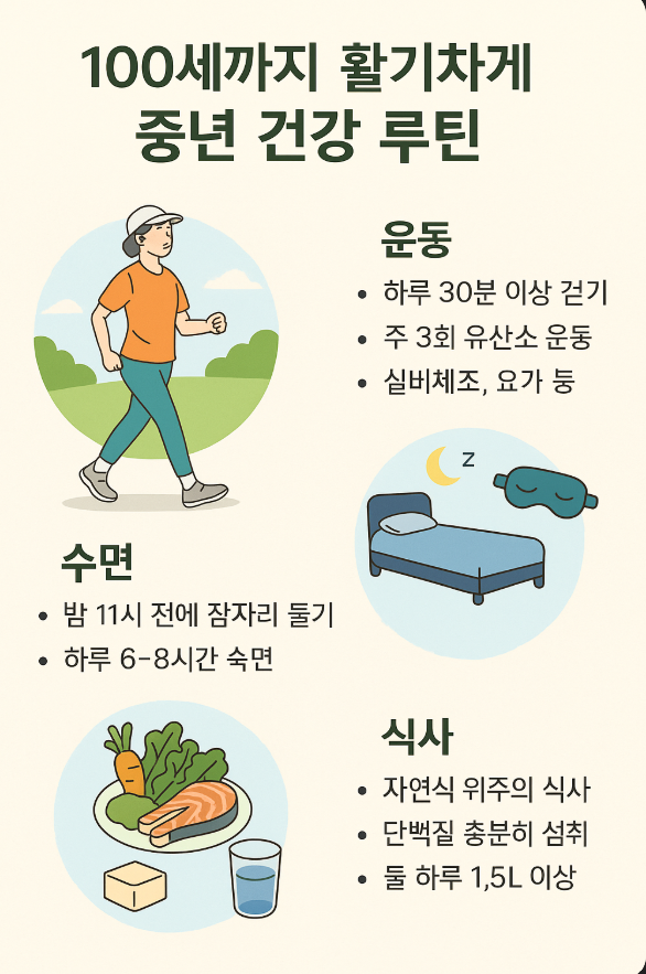 100세까지 활기차게 – 중년 건강을 위한 3대 루틴(운동, 수면, 식사)