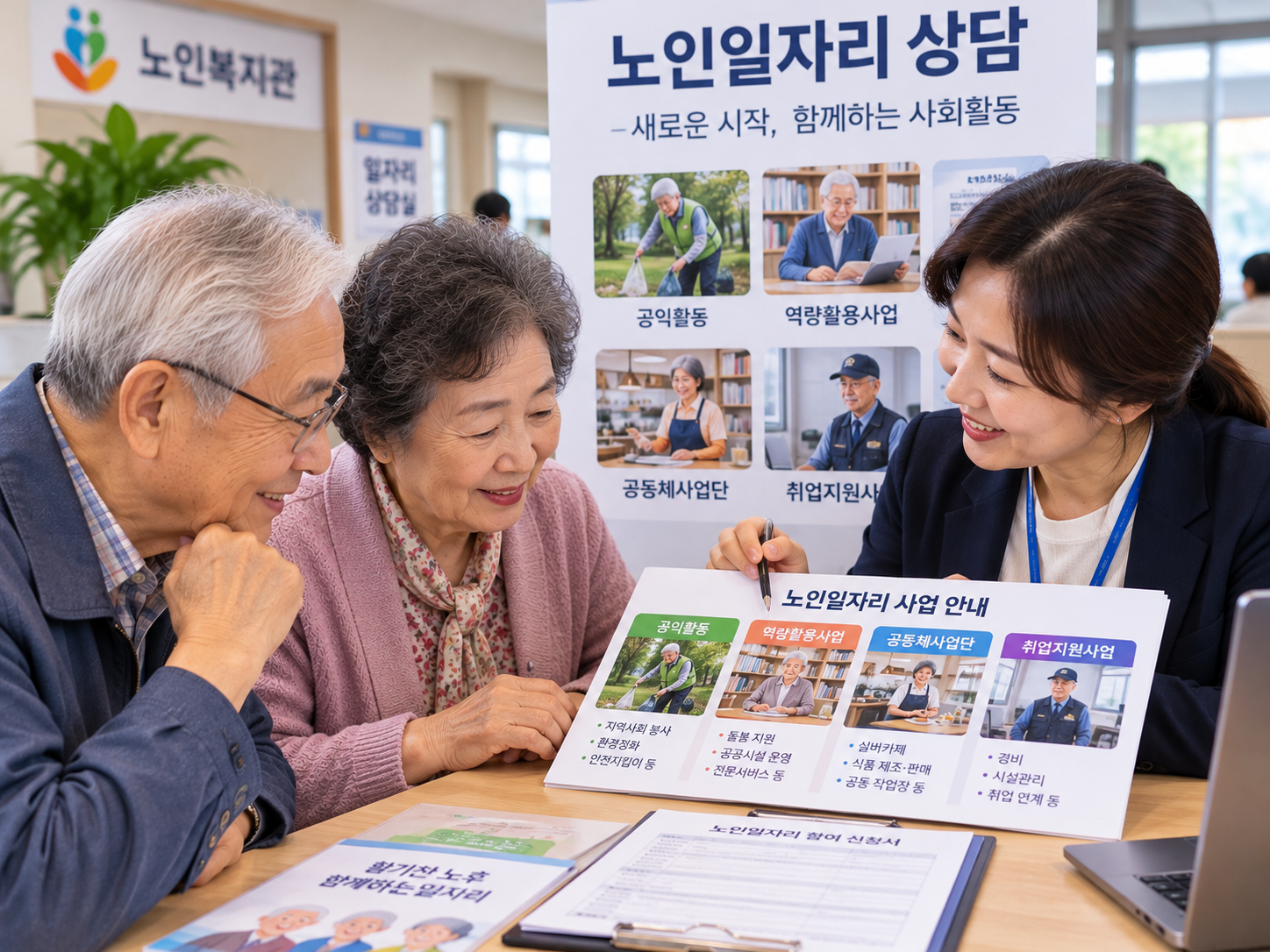 노인일자리 상담을 받으며 참여할 수 있는 활동을 알아보는 어르신의 이미지