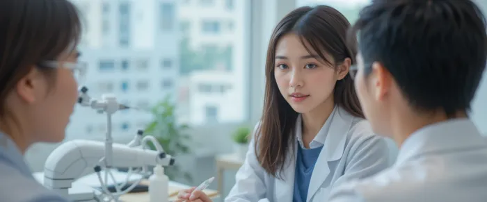 의사와 어깨 통증 관련 DNA 주사 상담을 받고 있는 여성