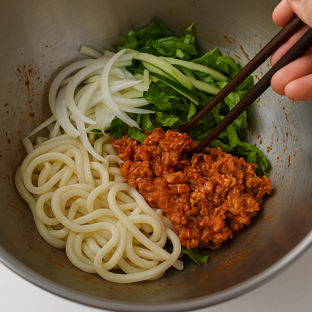 큰 볼에 고추참치를 넣고, 고춧가루·간장·식초·올리고당으로 간을 맞춘 뒤 야채와 면을 넣어 버무려주세요.