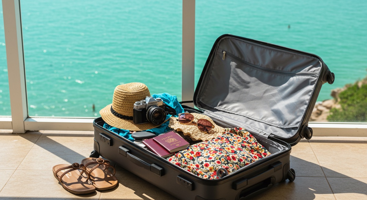 신혼여행 준비물이 가지런히 놓인 여행 가방과 푸른 바다 배경