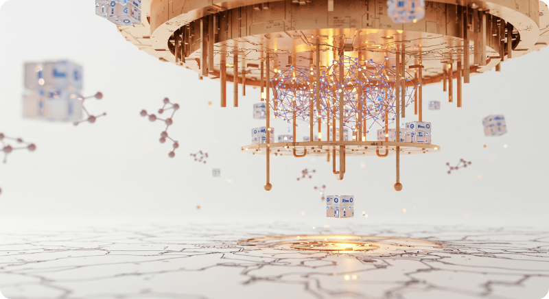 양자 컴퓨팅의 핵심 개념인 큐비트와 양자 얽힘 현상을 시각화한 3D 과학적 일러스트레이션