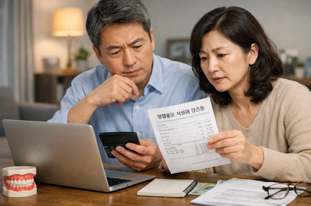 임플란트 의료비 연말정산 세액공제를 위해 의료비 영수증과 노트북을 놓고 계산하는 40~50대 직장인의 모습