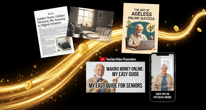 블로그, 전자책, 유튜브 등 시니어의 경험이 온라인 수익으로 연결되는 다양한 AI 콘텐츠 형태.