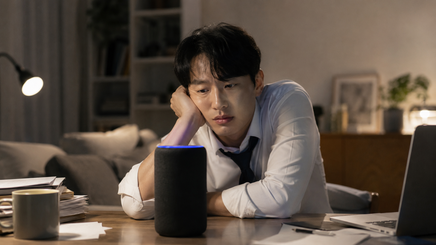 AI 스피커 앞에서 응답을 기다리며 지친 표정의 한국 (AI)