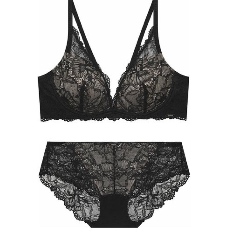 게스언더웨어 노와이어 시스루 레이스 딥브이 브라렛 팬티세트 GBWBR922 GBWPT922BK