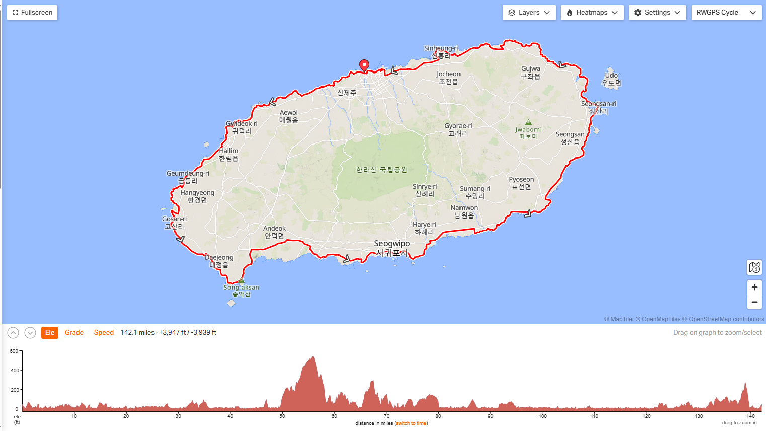 스트라바 기준 제주도 환상 자전거종주길 234km GPX 맵 지도(거리&middot;획고)