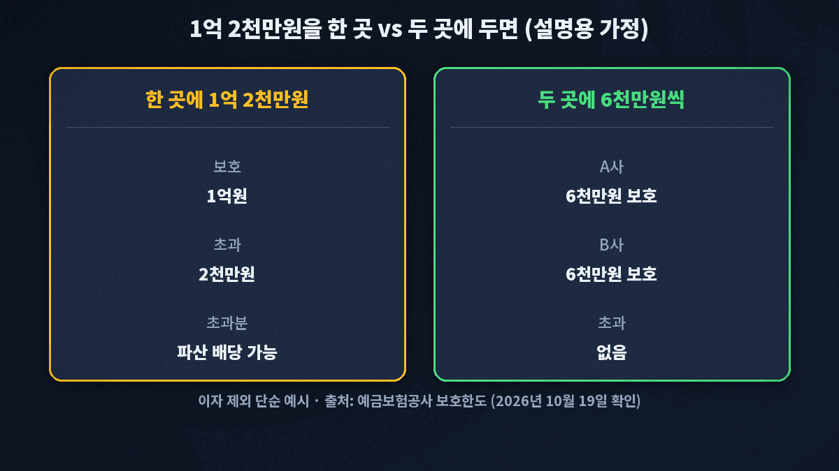 1억 2천만원을 한 곳에 두면 1억원만 보호되고 2천만원이 초과되며, 두 곳에 6천만원씩 두면 각각 보호되는 설명용 예시
