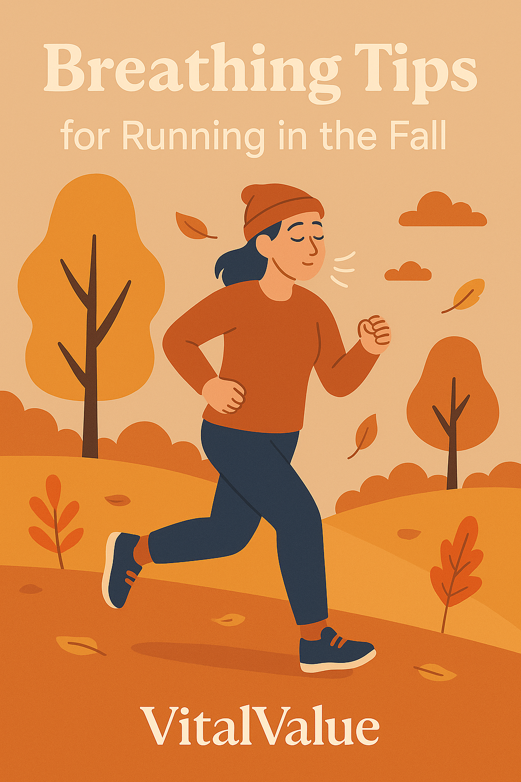 Illustration of a woman running through an autumn landscape, practicing breathing techniques for fall jogging.