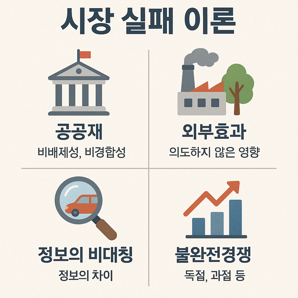 이 이미지는 시장 실패의 네 가지 주요 원인인 공공재, 외부효과, 정보의 비대칭, 불완전경쟁을 시각적으로 설명하고 있다.