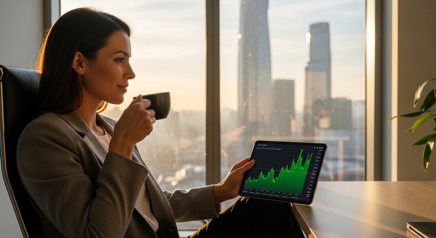 태블릿으로 ETF 수익률 그래프를 확인하며 여유롭게 커피를 마시는 직장인의 모습, 성공적인 투자를 상징하는 이미지