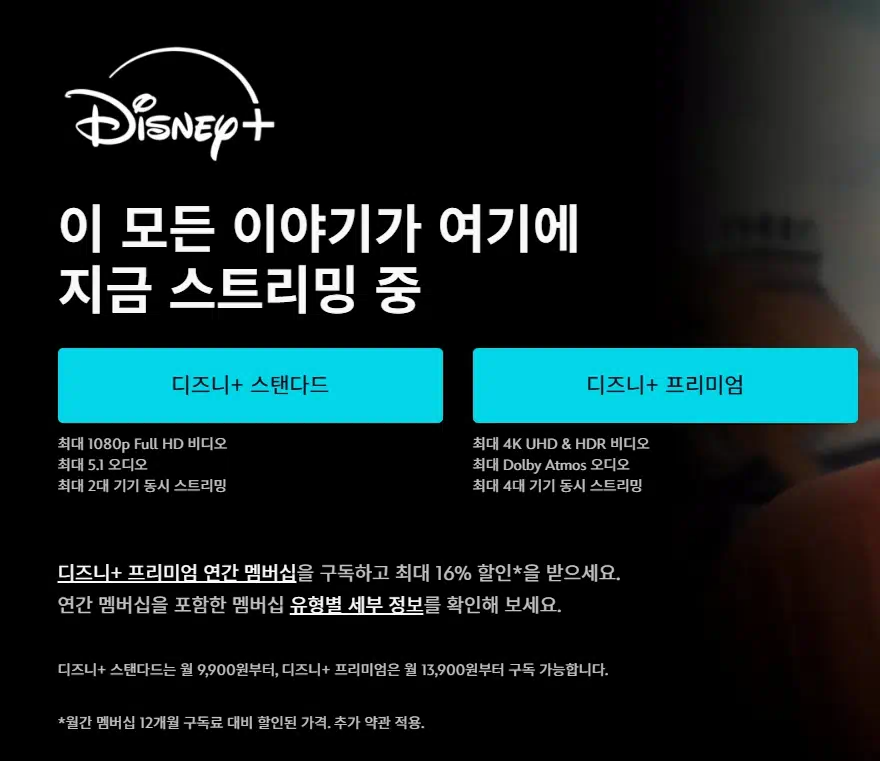 디즈니 플러스 요금제에 대한 종류를 보여주고있는 이미지