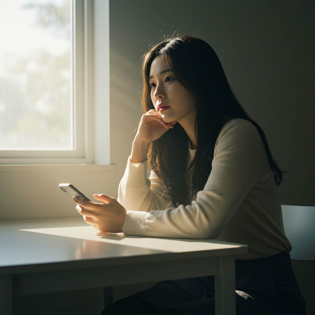 스마트폰을 들고 고님하는 사람, 창밖 햇살과 함께 보이는 내적 갈등
