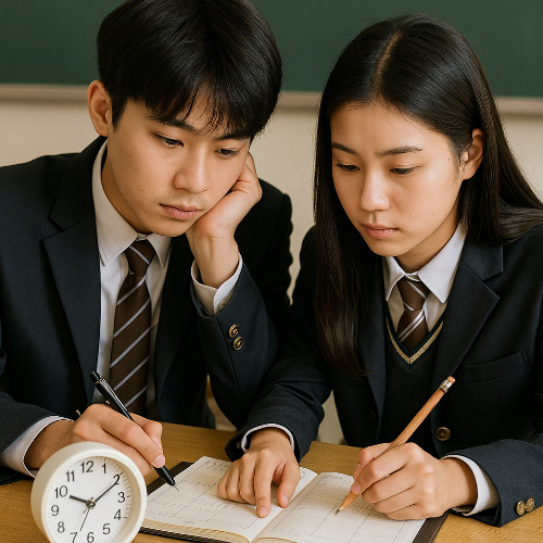 2025수능을 100일 앞둔 남녀 수험생이 계획을 정리하며 시간 관리 하는 모습